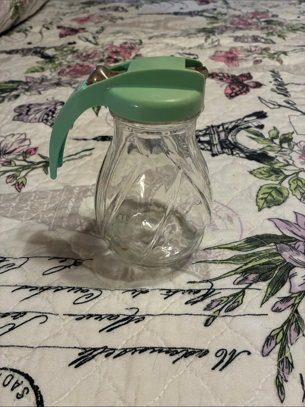 Vintage Glass Honey/Syrup - Dispenser with Mint Green Lid